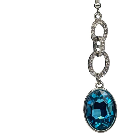 Blue Topaz and Rhinestone Silver Tone Dangle Drop Earrings 2.5 inch - Picture 4 of 5